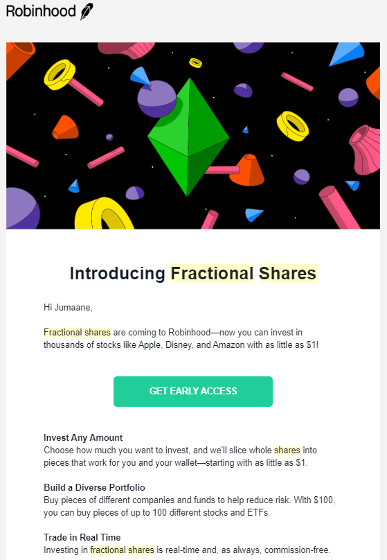 Robinhood gain early access to Fractional Shares email