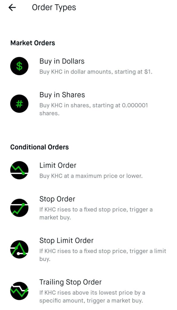 Robinhood Market Order Types and Conditions