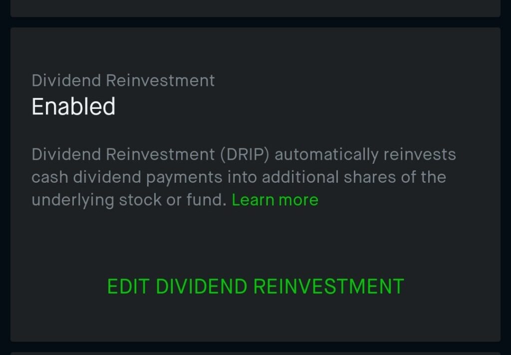 Enable Robinhood dividend reinvestment Plan